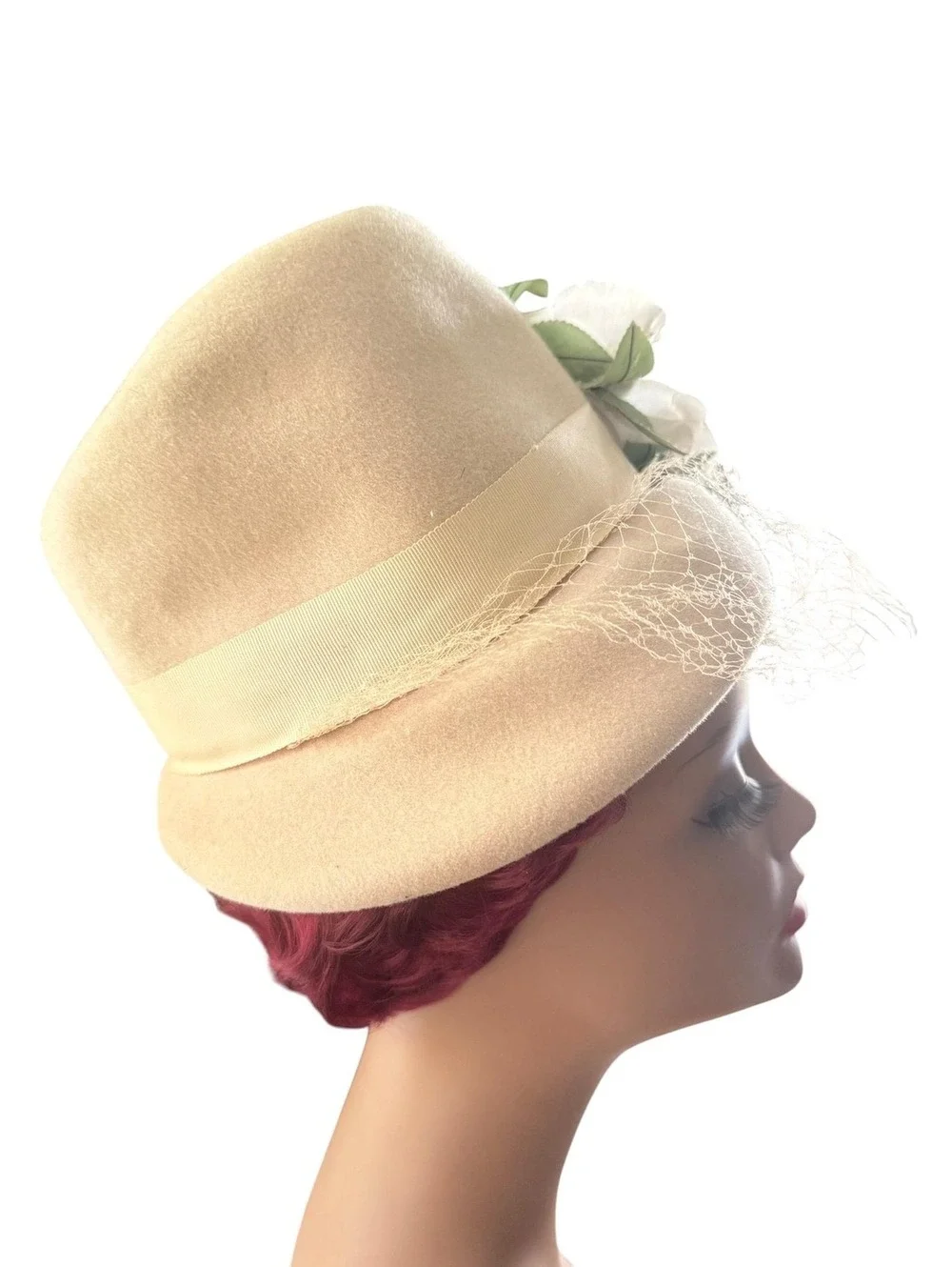 Vintage 1940s Beige Felt Brimmed Bucket Hats for Women, Large White Flower, Veil